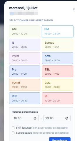 Fenêtre d'assignation d'un poste (facultatif, superposable, horaires personnalisés)
