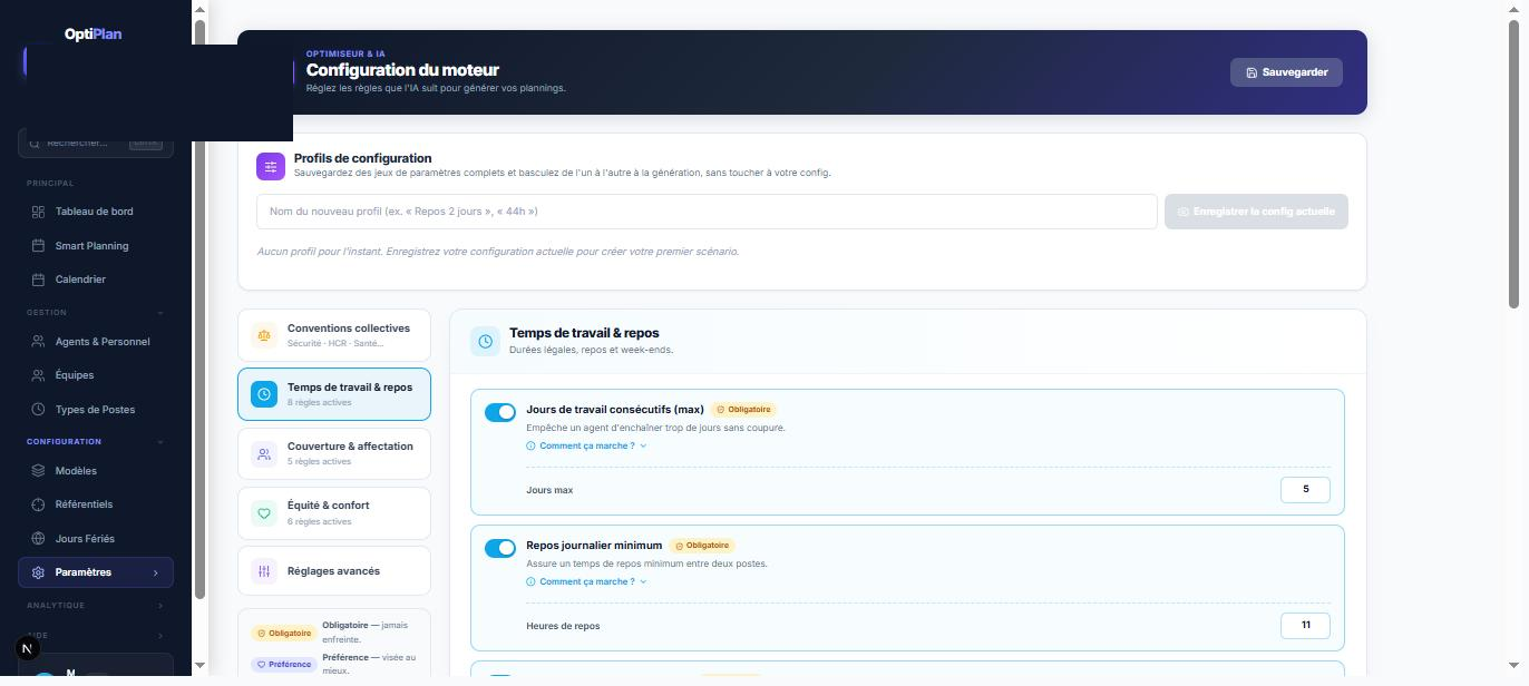 Page de configuration de l'optimiseur
