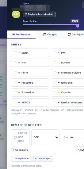 Panneau de l'agent : % auto-planifier, préférences, demi-journées